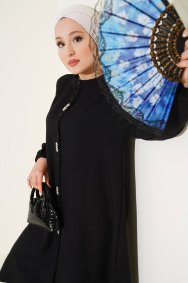 Önü Taş Detaylı Uzun Tunik İkili Takım Siyah - İkili Takım