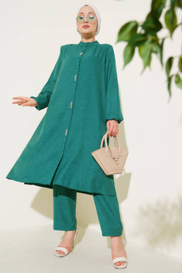 Önü Taş Detaylı Uzun Tunik İkili Takım Zümrüt - İkili Takım