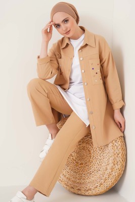Önü Taş İşlemeli Cepli Gabardin Takım Camel 