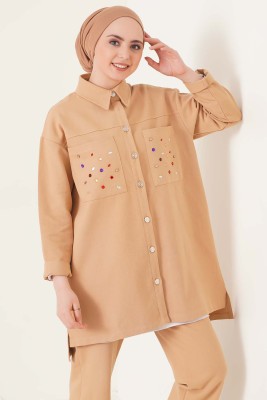 Önü Taş İşlemeli Cepli Gabardin Takım Camel - İKİLİ TAKIM