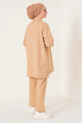 Önü Taş İşlemeli Cepli Gabardin Takım Camel - İKİLİ TAKIM