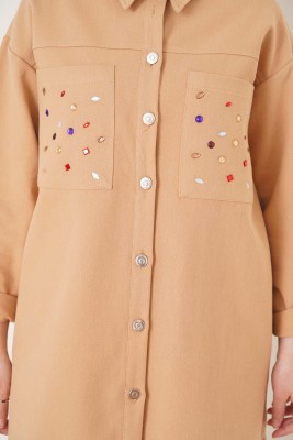 Önü Taş İşlemeli Cepli Gabardin Takım Camel - İKİLİ TAKIM
