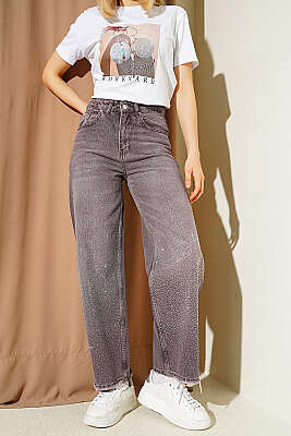 Önü Taş Süslemeli Baggy Kot Pantolon Kahve - ZARX JNS