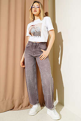 Önü Taş Süslemeli Baggy Kot Pantolon Kahve - Kadın Giyim Modelleri