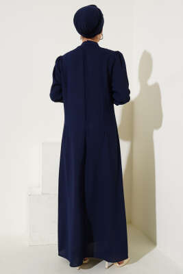 Önü Taş Süslemeli Büyük Beden Elbise Lacivert - Tesettür Elbise