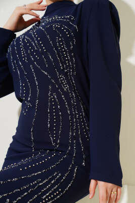 Önü Taş Süslemeli Büyük Beden Elbise Lacivert - Tesettür Elbise