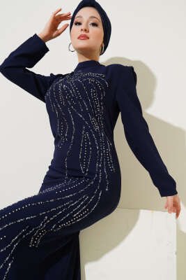 Önü Taş Süslemeli Büyük Beden Elbise Lacivert 