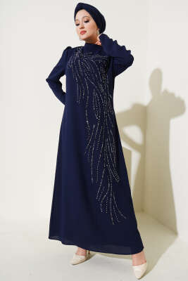 Önü Taş Süslemeli Büyük Beden Elbise Lacivert - Tesettür Elbise