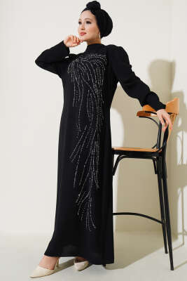 Önü Taş Süslemeli Büyük Beden Elbise Siyah - Tesettür Elbise