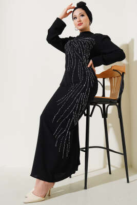 Önü Taş Süslemeli Büyük Beden Elbise Siyah - Tesettür Elbise