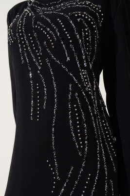 Önü Taş Süslemeli Büyük Beden Elbise Siyah - Tesettür Elbise