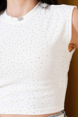 Önü Taş Süslemeli Kolsuz Crop Beyaz - Kadın Giyim Modelleri