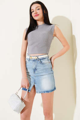 Önü Taş Süslemeli Kolsuz Crop Gri - Yılın Fırsatı