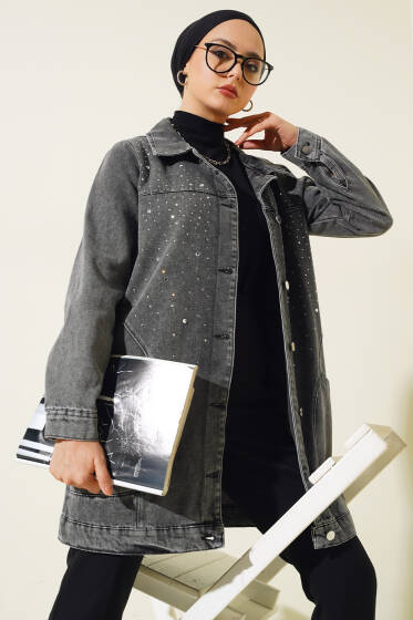 Önü Taş Süslemeli Kot Ceket Füme - Ceket