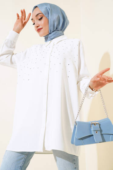 Önü Taş Süslemeli Salaş Gömlek Ekru - Gömlek