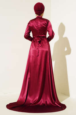 Önü Taş Süslemeli Saten Abiye Elbise Bordo - Tesettür Elbise