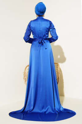 Önü Taş Süslemeli Saten Abiye Elbise Lacivert - Tesettür Elbise