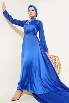 Önü Taş Süslemeli Saten Abiye Elbise Lacivert - Tesettür Elbise