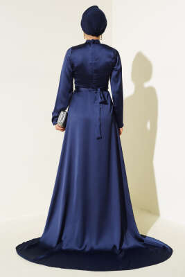 Önü Taş Süslemeli Saten Abiye Elbise Parlement - Tesettür Elbise