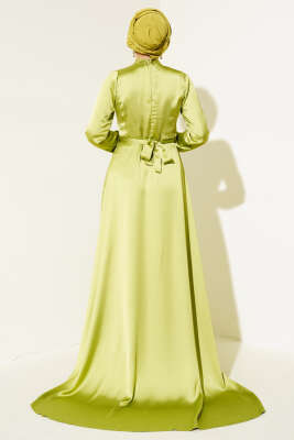 Önü Taş Süslemeli Saten Abiye Elbise Pastel Yeşili - Tesettür Elbise