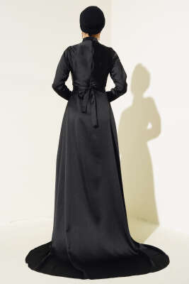 Önü Taş Süslemeli Saten Abiye Elbise Siyah - Tesettür Elbise