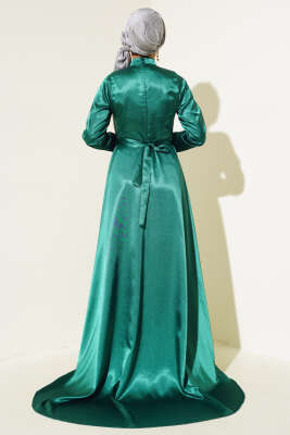 Önü Taş Süslemeli Saten Abiye Elbise Zümrüt - Tesettür Elbise