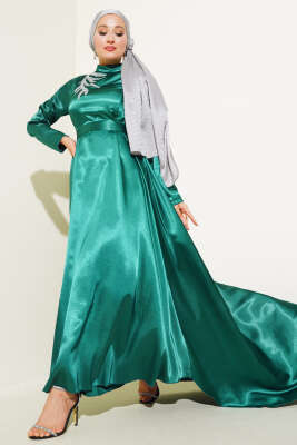 Önü Taş Süslemeli Saten Abiye Elbise Zümrüt - Tesettür Elbise