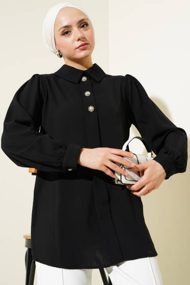 Önü Taş Süslemeli Şifon Tunik Siyah - Tunik