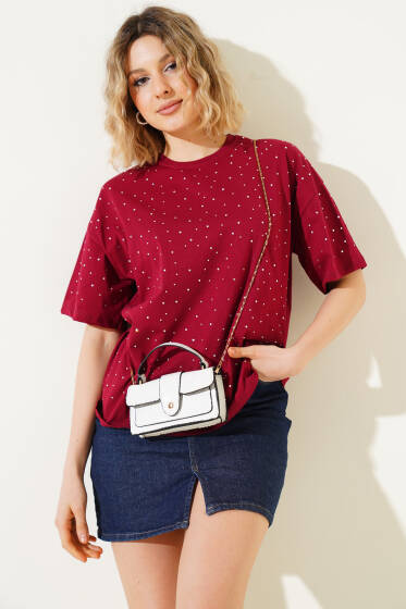 Önü Taş Süslemeli T-shirt Bordo - Kadın Giyim Modelleri