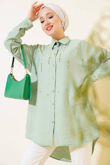 Önü Taşlı Ağaç Kabuğu Gömlek Çağla Yeşili - Gömlek