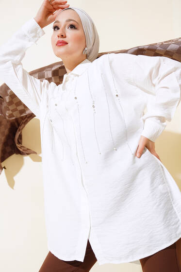 Önü Taşlı Ağaç Kabuğu Gömlek Ekru - Gömlek