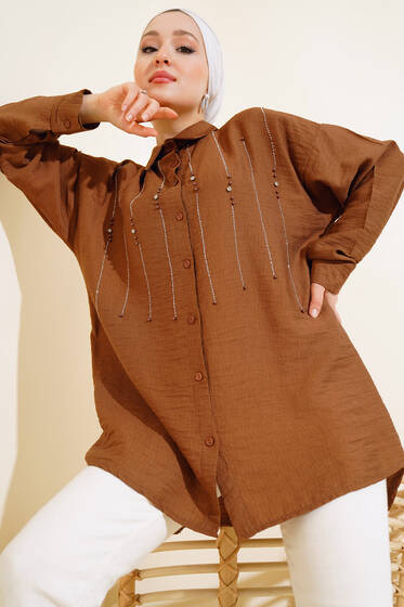 Önü Taşlı Ağaç Kabuğu Gömlek Kahve - Gömlek