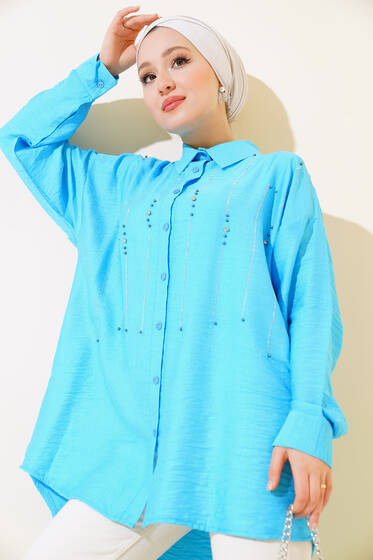 Önü Taşlı Ağaç Kabuğu Gömlek Mavi - Gömlek