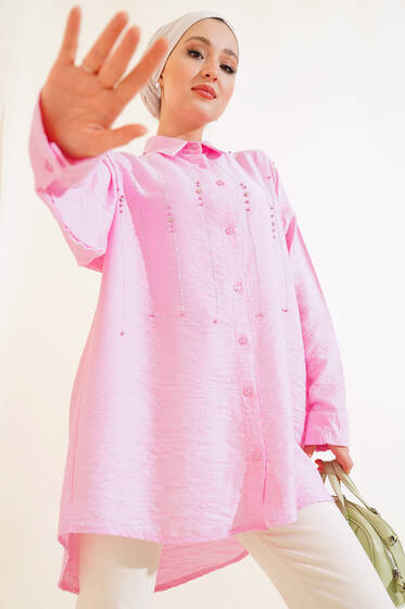 Önü Taşlı Ağaç Kabuğu Gömlek Pembe - Gömlek