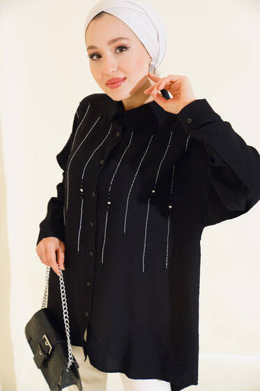 Önü Taşlı Ağaç Kabuğu Gömlek Siyah - Gömlek