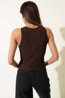 Önü Taşlı Askılı Crop Kahve - Kadın Giyim Modelleri