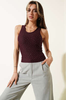 Önü Taşlı Askılı Crop Mürdüm - Kadın Giyim Modelleri