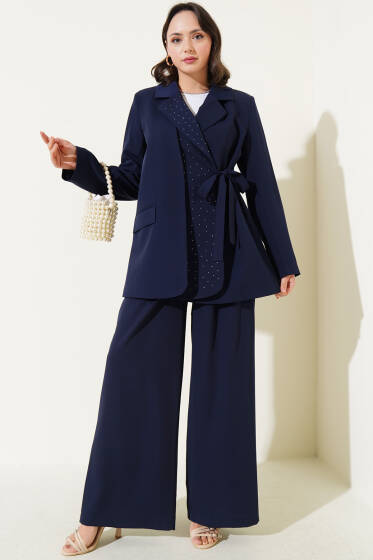 Önü Taşlı Bağlamalı Ceket İkili Takım Lacivert - İkili Takım