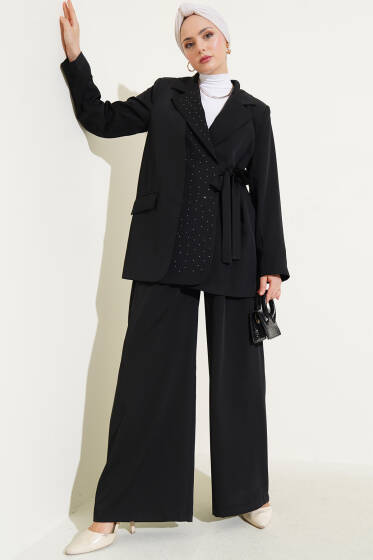 Önü Taşlı Bağlamalı Ceket İkili Takım Siyah - İkili Takım