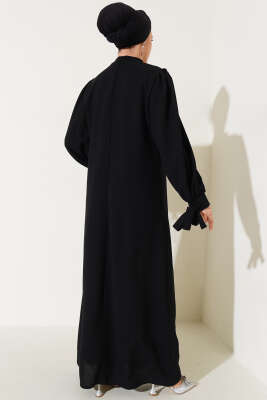 Önü Taşlı Balon Kol Büyük Beden Elbise Siyah - Tesettür Elbise