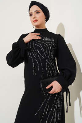 Önü Taşlı Balon Kol Büyük Beden Elbise Siyah - Tesettür Elbise