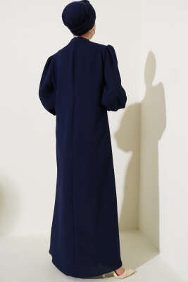 Önü Taşlı Bilek Bağlamalı Büyük Beden Elbise Lacivert - Tesettür Elbise