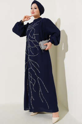 Önü Taşlı Bilek Bağlamalı Büyük Beden Elbise Lacivert - Tesettür Elbise