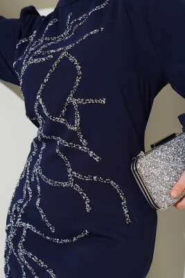 Önü Taşlı Bilek Bağlamalı Büyük Beden Elbise Lacivert - Tesettür Elbise