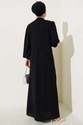 Önü Taşlı Bilek Bağlamalı Büyük Beden Elbise Siyah - Tesettür Elbise