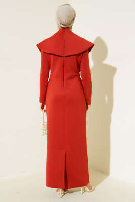 Önü Taşlı Büzgülü Elbise Kiremit - Tesettür Elbise