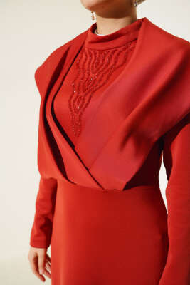 Önü Taşlı Büzgülü Elbise Kiremit - Tesettür Elbise