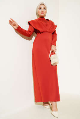 Önü Taşlı Büzgülü Elbise Kiremit - SEYLAN