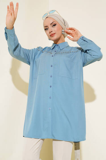 Önü Taşlı Çift Cepli Tunik Bondi Mavisi - Tunik