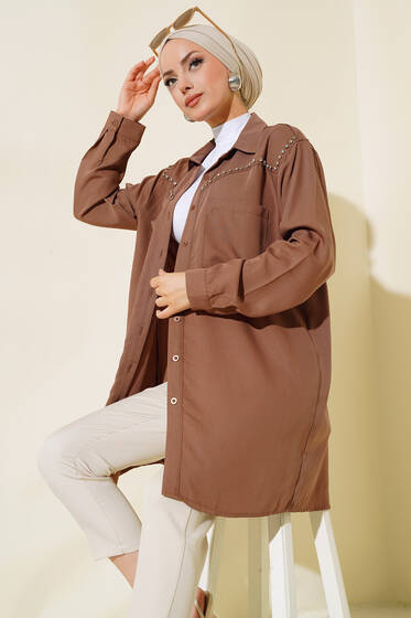 Önü Taşlı Çift Cepli Tunik Kahve - Tunik